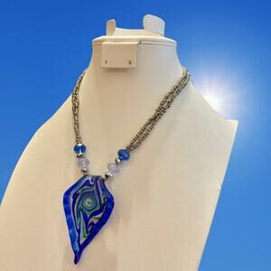 Vibrant Blue & Green Art Glass Pendant with Beaded Cord